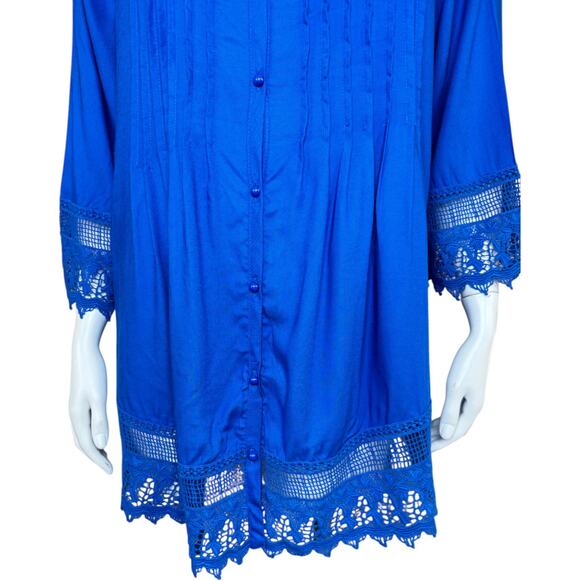 Blair Royal Blue Women's Blouse Large Lace Pleated Button-Front NWOT Boho - Picture 6 of 14